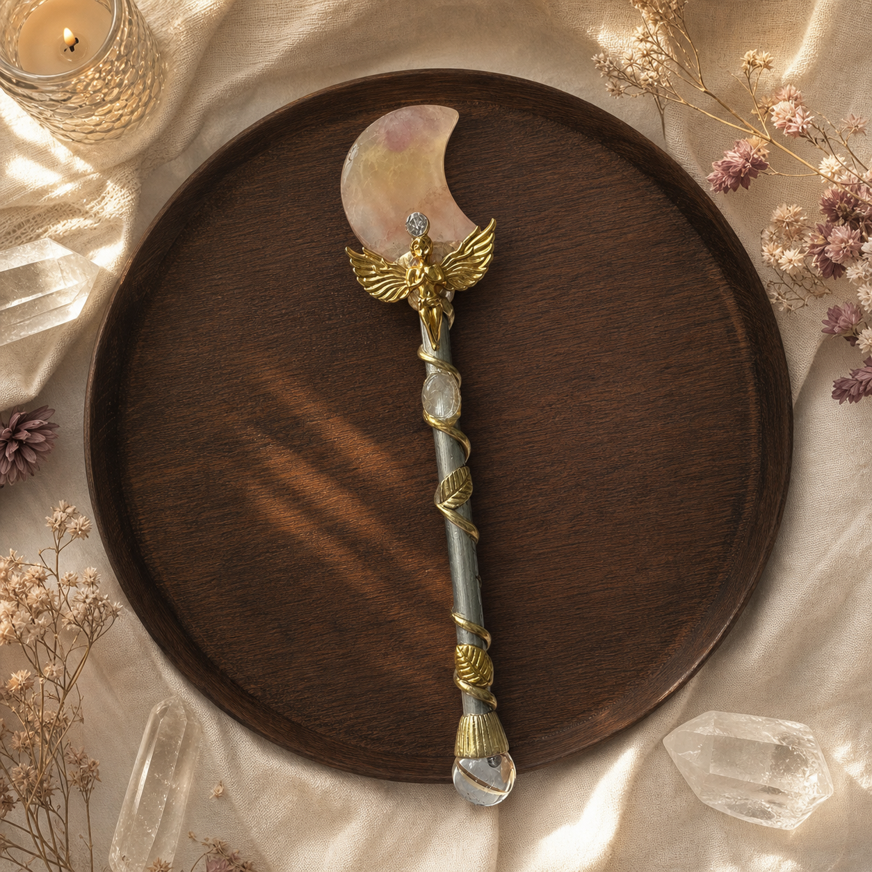 Energy Cleansing, Intention Setting & Spiritual Focus — Handcrafted Heart and Moon Crystal Wand for Meditation, Crystal Grids & Altar, Available in Rose Quartz, Strawberry Quartz, Fluorite, Citrine, Obsidian or Clear Quartz