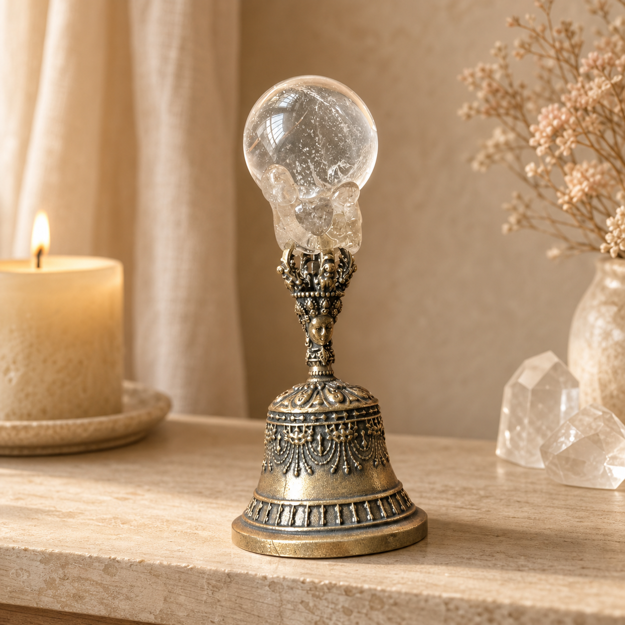Energy Cleansing, Meditation & Intention Setting — Handcrafted Crystal Bell with Clear Quartz Top, Available in Rose Quartz, Amethyst or Fluorite Heart and Sphere Designs