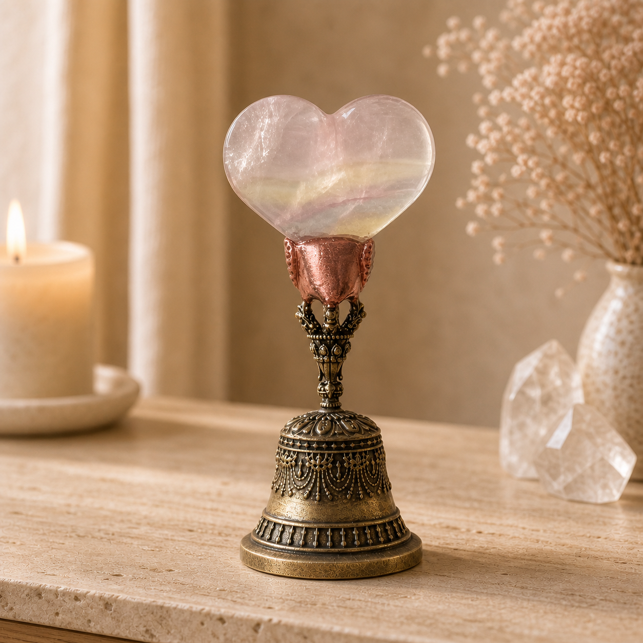 Energy Cleansing, Meditation & Intention Setting — Handcrafted Crystal Bell with Clear Quartz Top, Available in Rose Quartz, Amethyst or Fluorite Heart and Sphere Designs