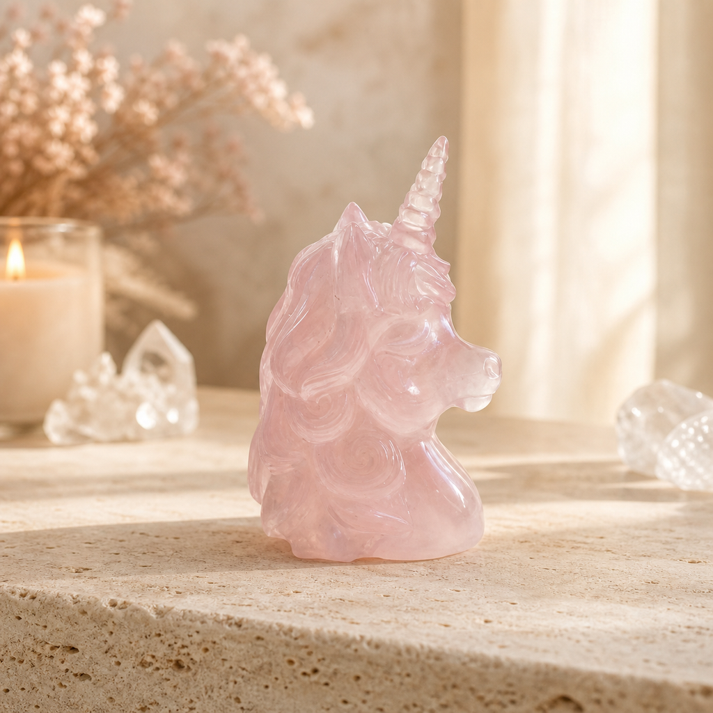 Joy & Inner-Child Connection Crystal Unicorn Statue — Amethyst, Rose Quartz or Green Fluorite for Positive Energy, Altar Décor & Meaningful Gifts