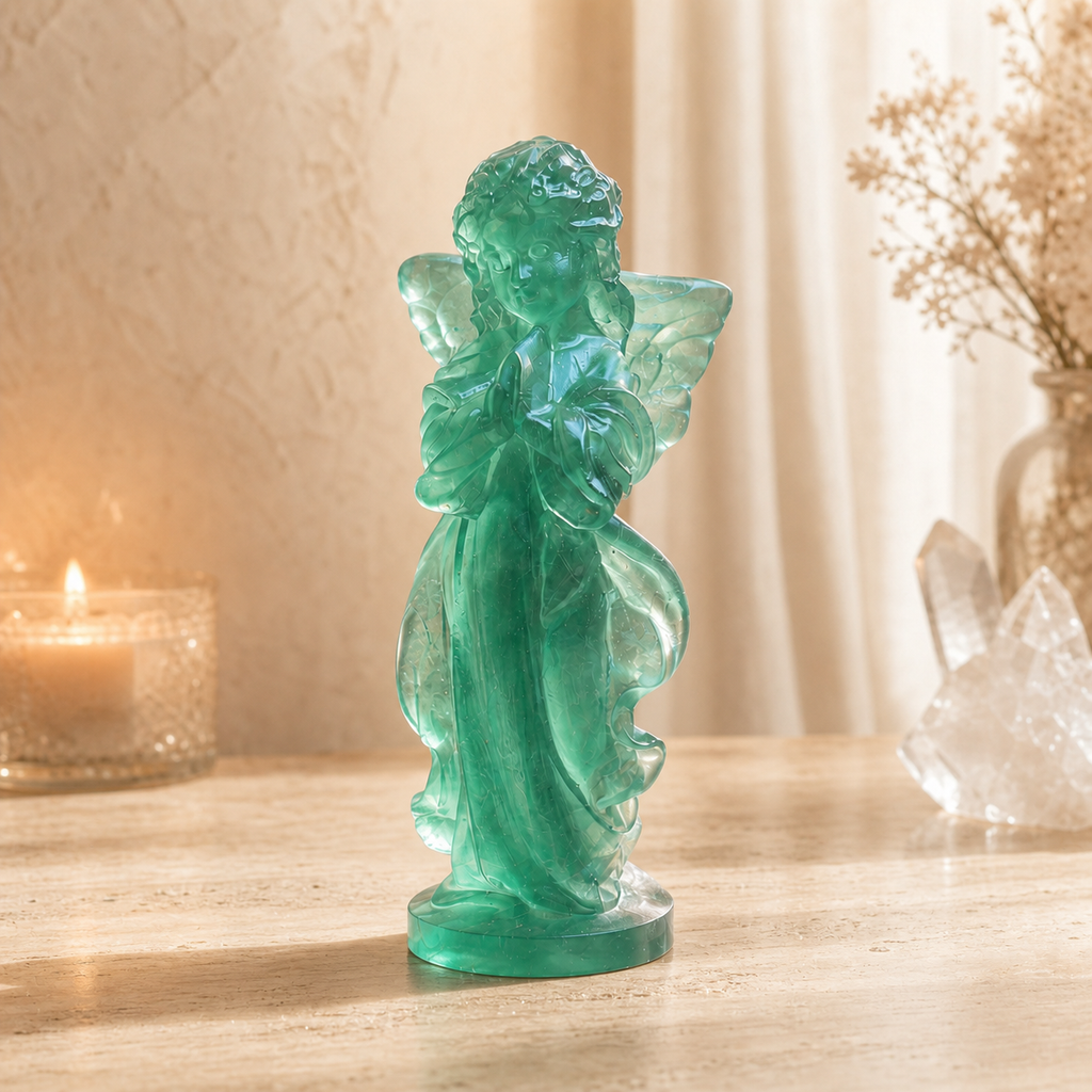 Protection, Guidance & Positive Energy — Fluorite Clear Quartz Rose Quartz Pink Opal Guardian Angel Crystal Statue for Home Décor, Meditation, Altar & Meaningful Gifts