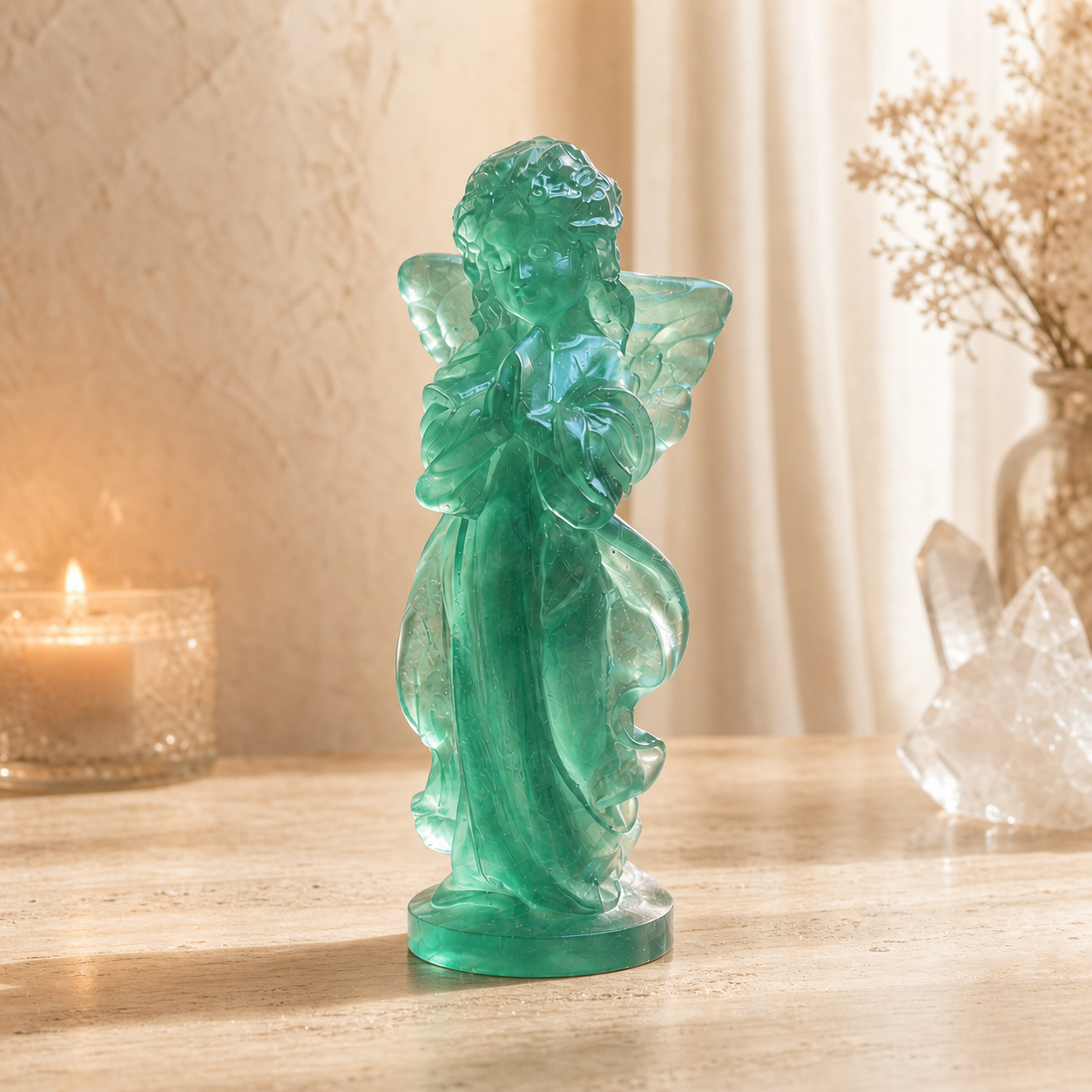 Protection, Guidance & Positive Energy — Fluorite Clear Quartz Rose Quartz Pink Opal Guardian Angel Crystal Statue for Home Décor, Meditation, Altar & Meaningful Gifts