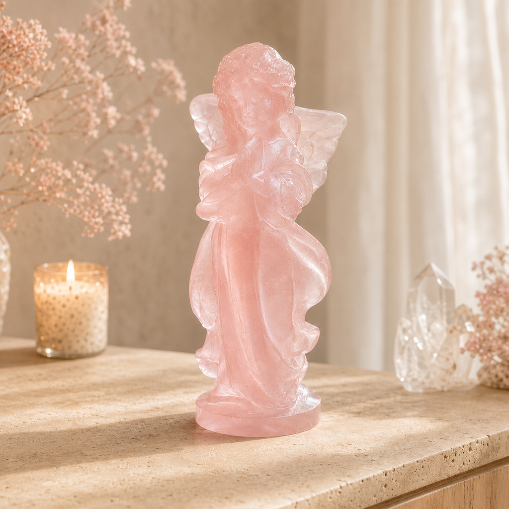 Protection, Guidance & Positive Energy — Fluorite Clear Quartz Rose Quartz Pink Opal Guardian Angel Crystal Statue for Home Décor, Meditation, Altar & Meaningful Gifts