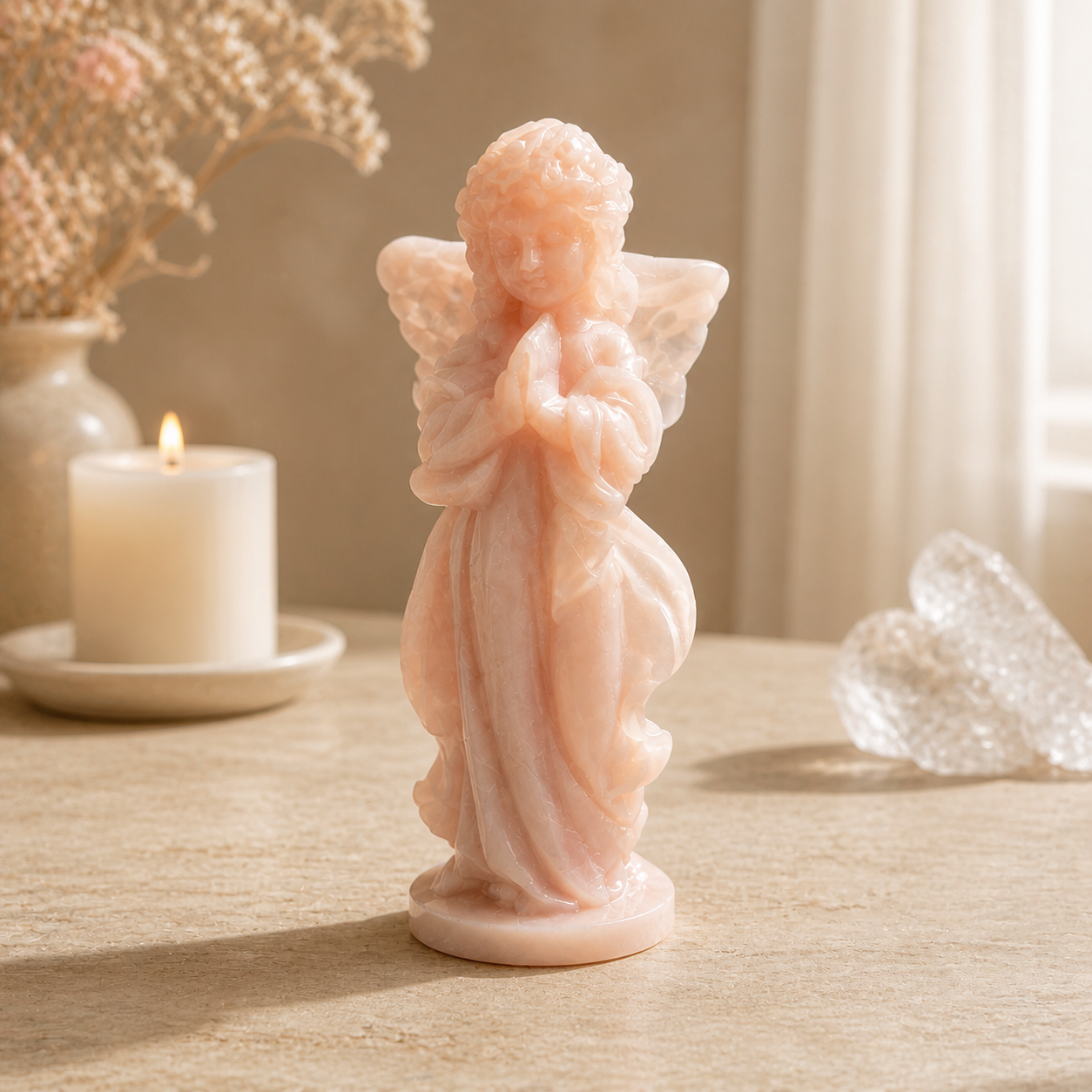 Protection, Guidance & Positive Energy — Fluorite Clear Quartz Rose Quartz Pink Opal Guardian Angel Crystal Statue for Home Décor, Meditation, Altar & Meaningful Gifts
