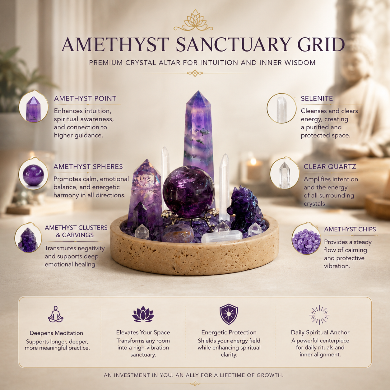 Intuition & Inner Wisdom — Amethyst Crystal Grid for Meditation, Spiritual Clarity & Inner Guidance