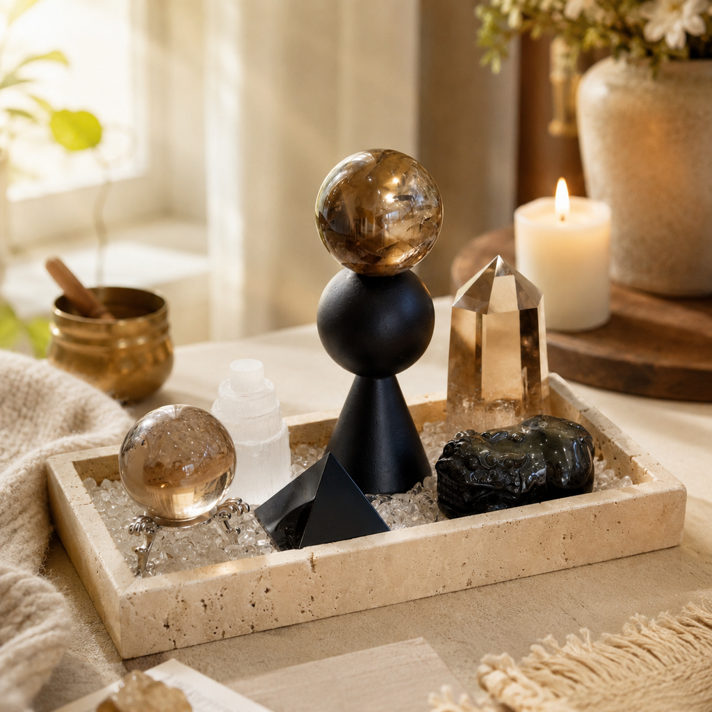 Grounding & Steadiness — Smoky Quartz & Obsidian Crystal Grid for Root Chakra Healing & Inner Stability