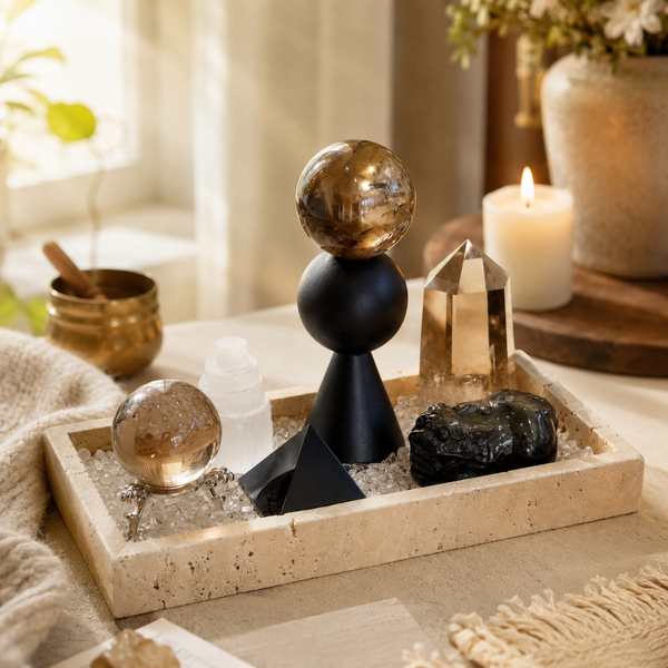 Grounding & Steadiness — Smoky Quartz & Obsidian Crystal Grid for Root Chakra Healing & Inner Stability