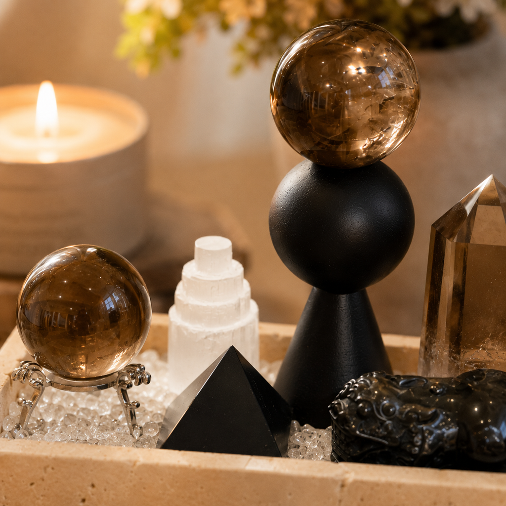 Grounding & Steadiness — Smoky Quartz & Obsidian Crystal Grid for Root Chakra Healing & Inner Stability