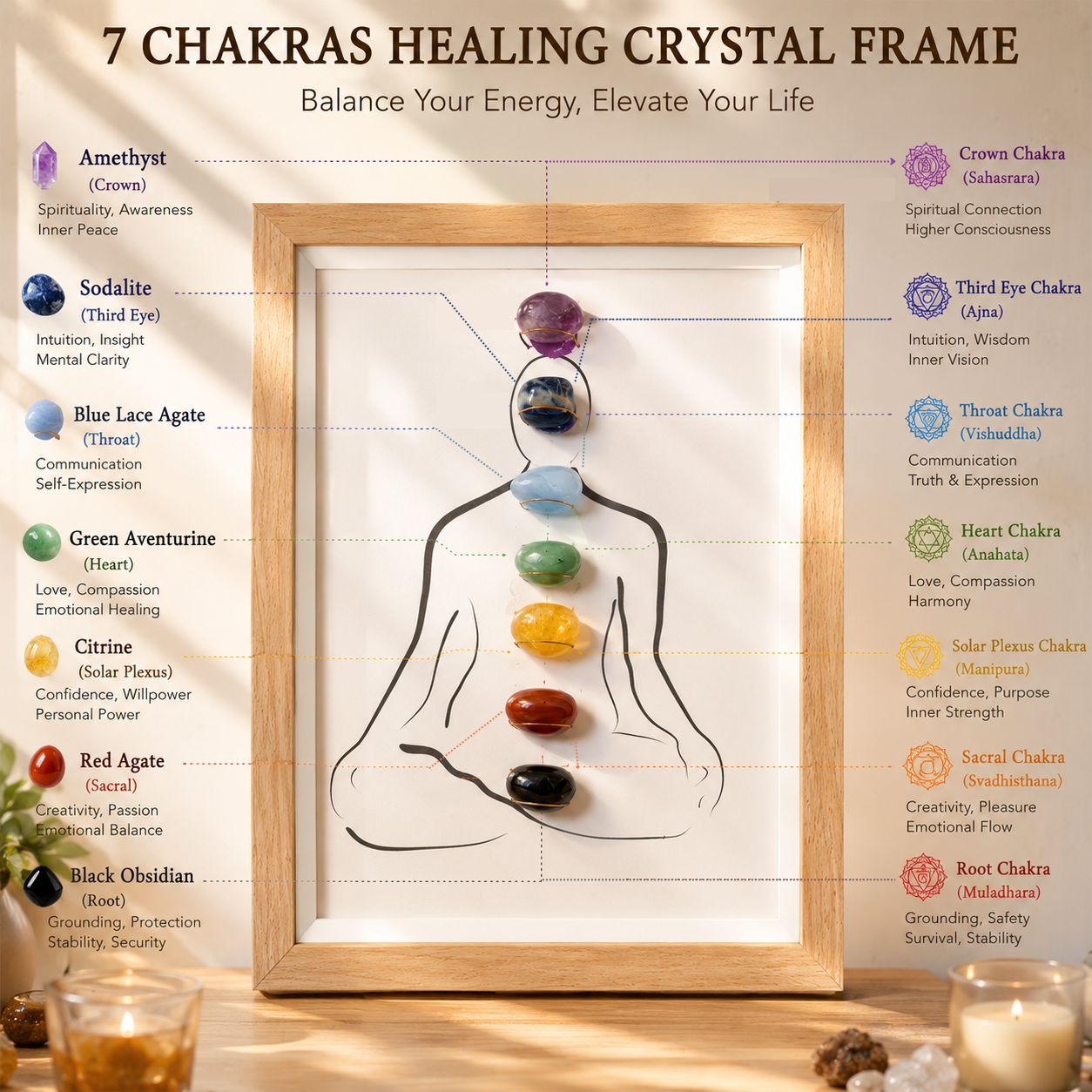 Chakra Balance, Energy Alignment & Positive Intentions — 7 Chakra Crystal Display Artwork for Meditation, Altar, Sacred Home Décor & Spiritual Gifts