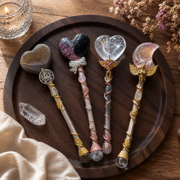 Four handcrafted fairy crystal magic wands displayed on a wooden tray with crystals and flowers